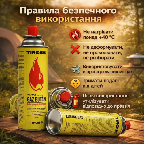 Газовый баллон цанговый Tiross Gaz Butan 227г/400мл для портативных плит и горелок (28)